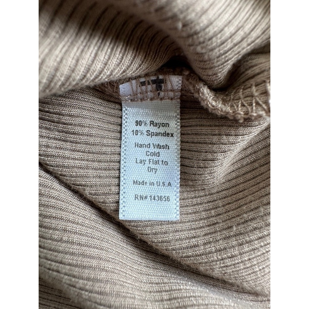 Joan Brown Mock Neck Top S/M Taupe Brown Stitch Flexrib Long Sleeve Thumbholes - Picture 5 of 6